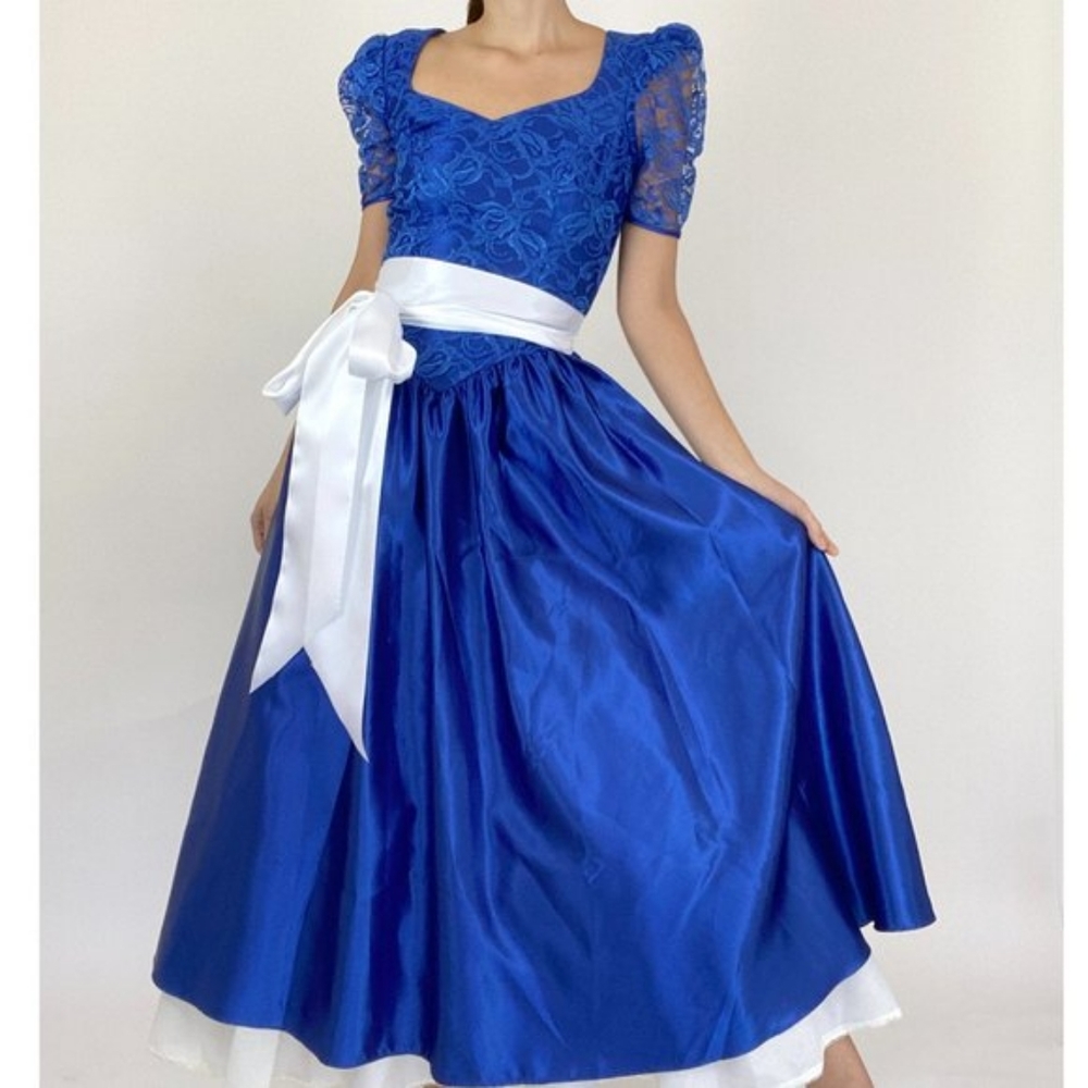 Vintage 80's Royal Blue Lace Puff Sleeve Satin Gow